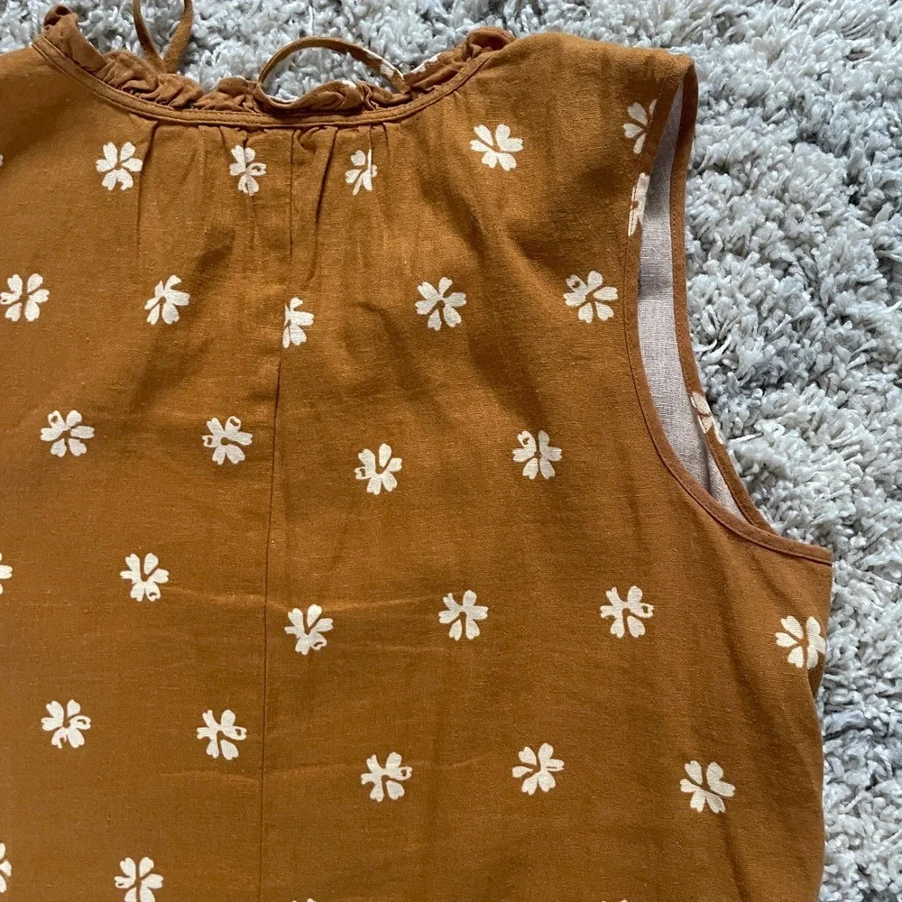 Floral Linen Blend Sleeveless Ruffle Mini Dress Tobacco Brown‎ Women Small